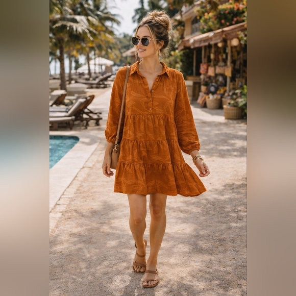 Umgee Rust Boho Babydoll Dress Medium Tiered Flowy Fall Boutique - Picture 8 of 9